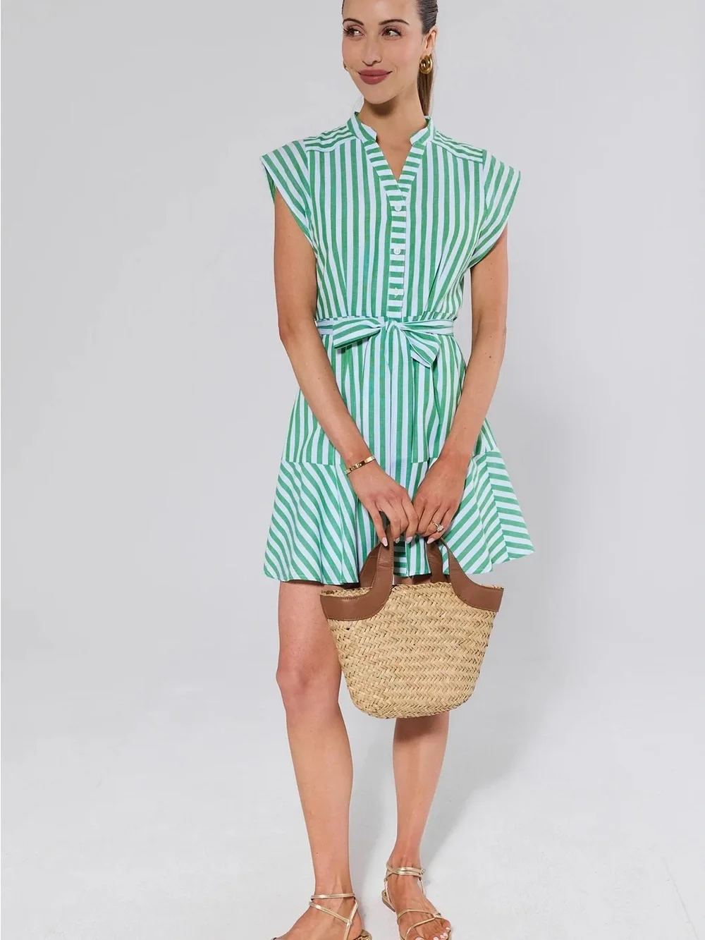 NWT Avara Erica Green Striped Button Front Belted Dress Size Medium - Picture 3 of 10